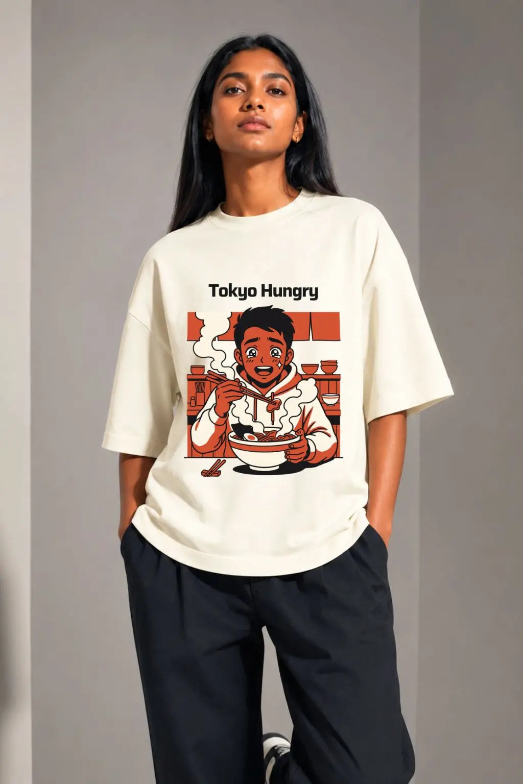 Tokyo Hungry anime ramen oversized tee on female model — unisex Japan streetwear for women, styled casual | JUNOSHI India