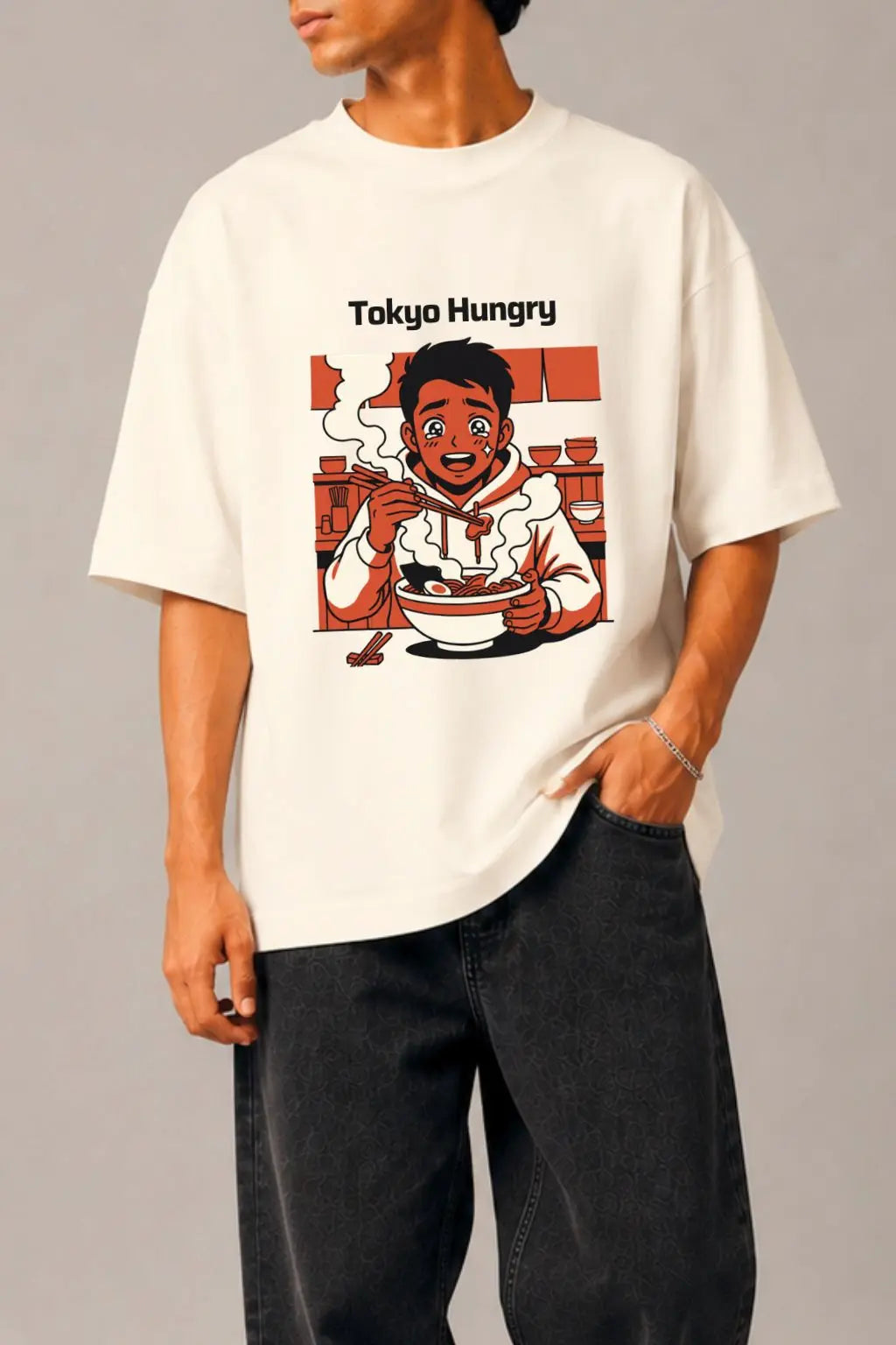 Close-up DTF print detail — Tokyo Hungry anime ramen illustration on unisex oversized terry tee | JUNOSHI