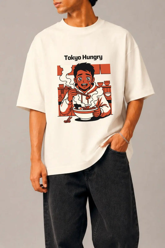 Close-up DTF print detail — Tokyo Hungry anime ramen illustration on unisex oversized terry tee | JUNOSHI