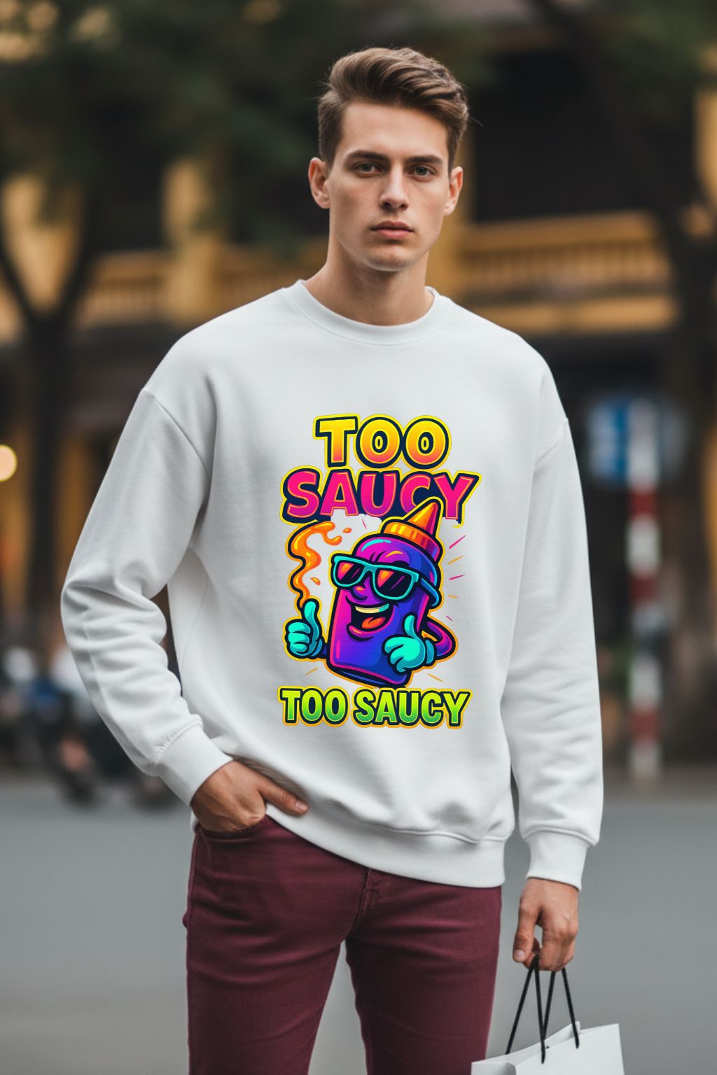 Too Saucy Desi — Bold Neon Graphic Oversized Sweatshirt for Men in White | Desi Drip Streetwear | JUNOSHI