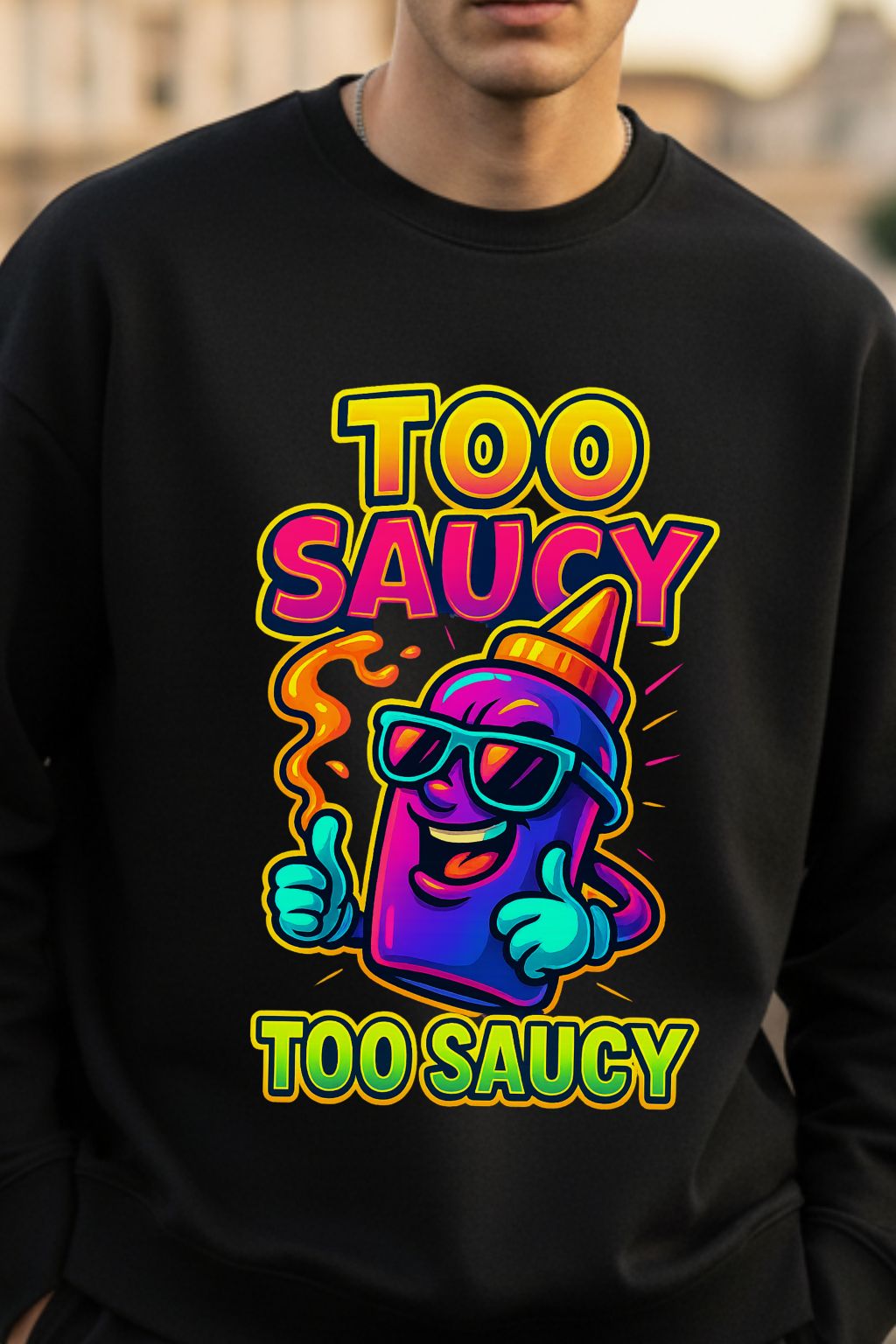 Too Saucy Desi — Neon Sauce Bottle Character Graphic Oversized Sweatshirt in Black, Close-Up View | JUNOSHI