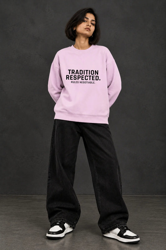 Tradition Respected Rules Negotiable — Respect & Rebellion Oversized Sweatshirt on Women, Full Look | JUNOSHI