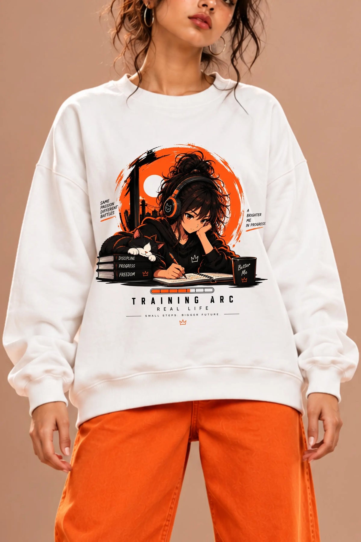 Training Arc anime print close-up — girl studying with a sleeping cat on a white oversized sweatshirt | JUNOSHI