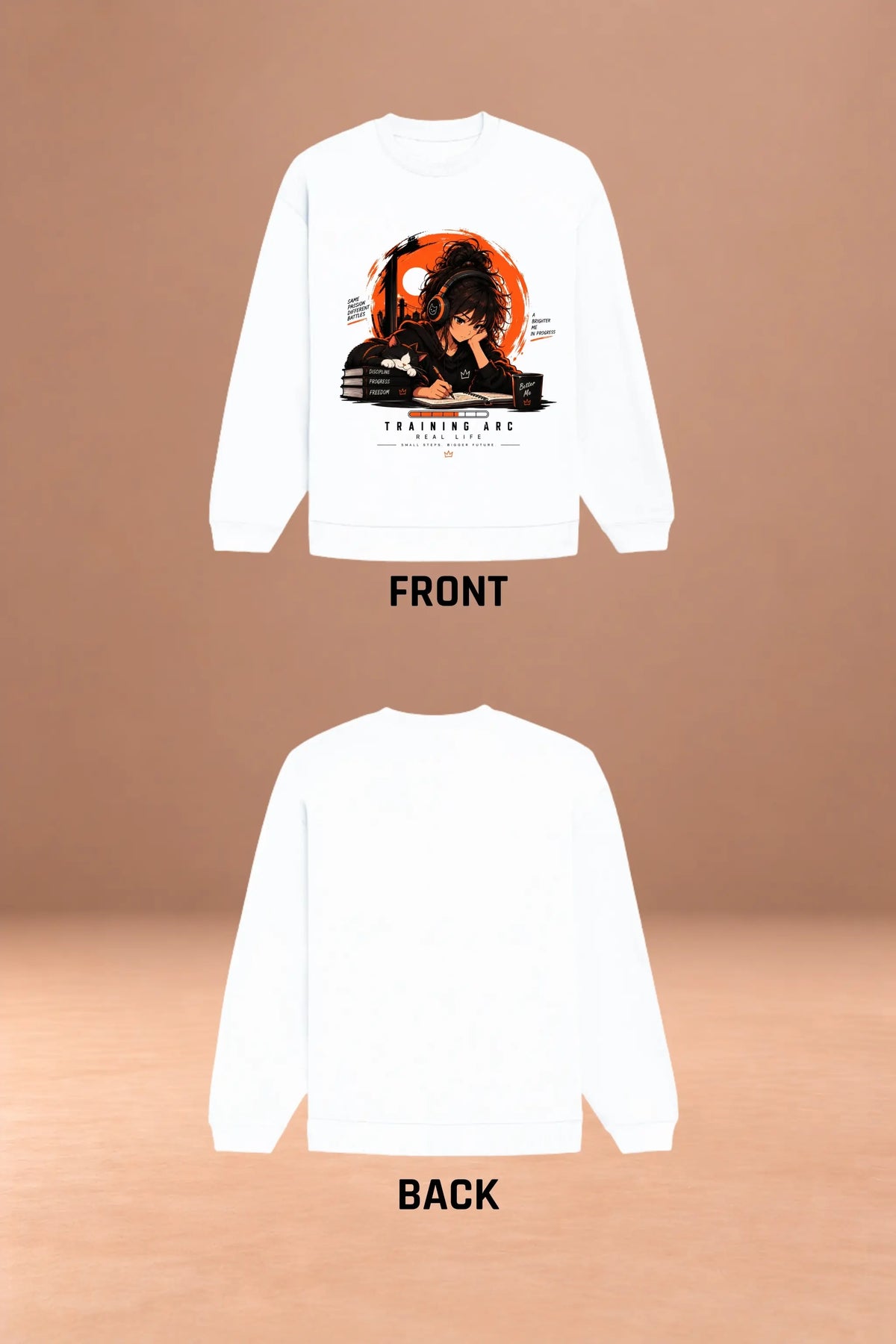 Training Arc anime oversized sweatshirt front and back view, front-print design | JUNOSHI
