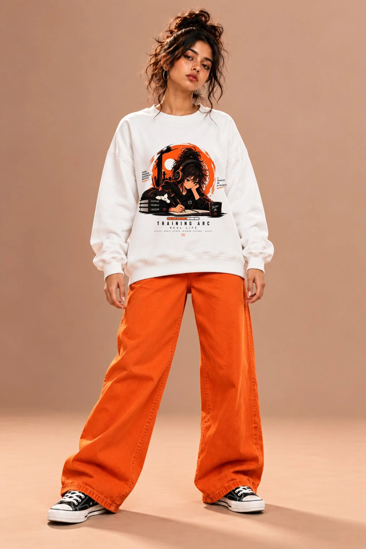 Training Arc — Quiet Self-Building Anime Oversized Sweatshirt in white, styled with orange wide-leg pants | JUNOSHI