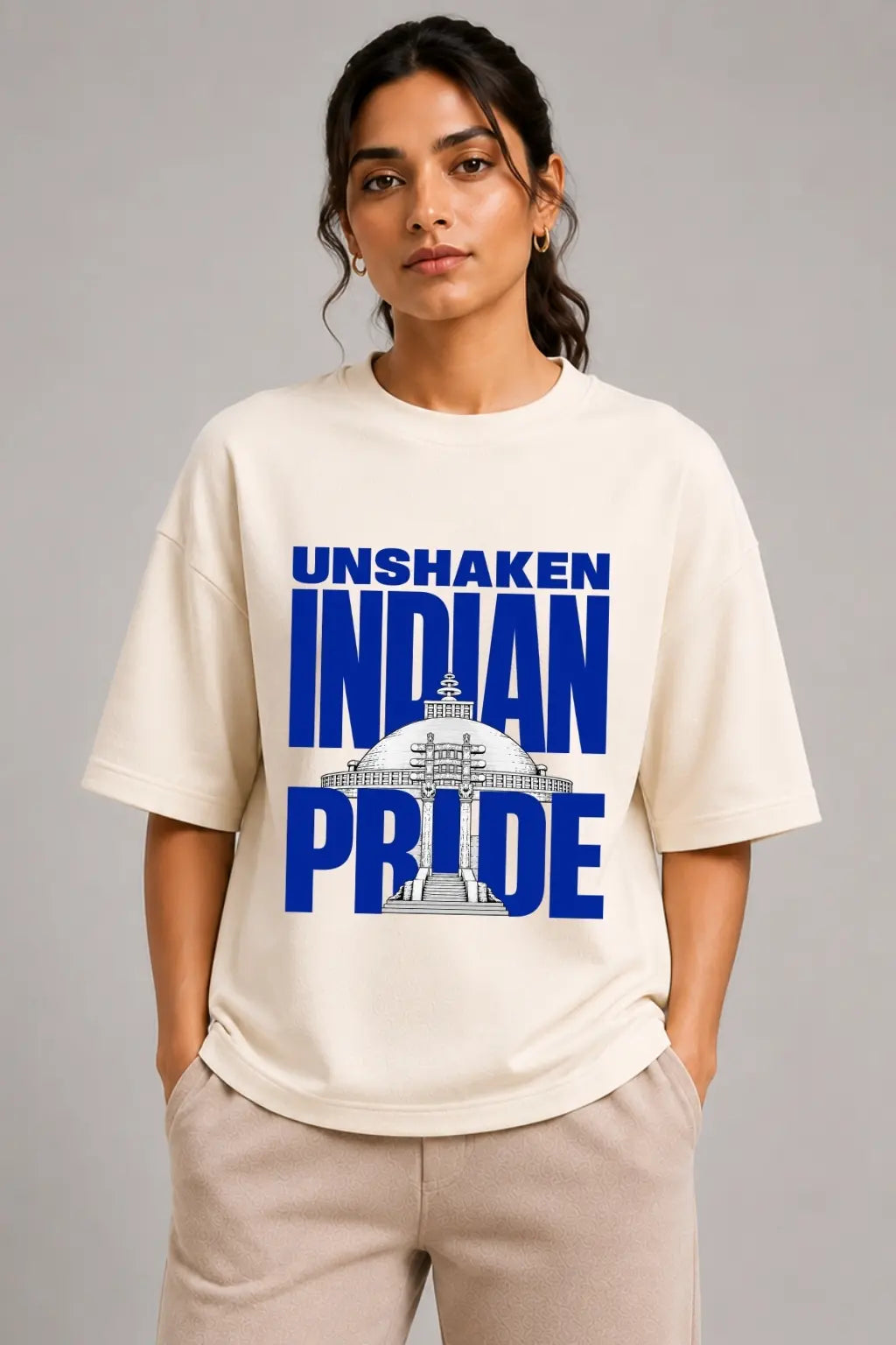 Unshaken Indian Pride — Sanchi Stupa Oversized Terry Tee for Women | JUNOSHI