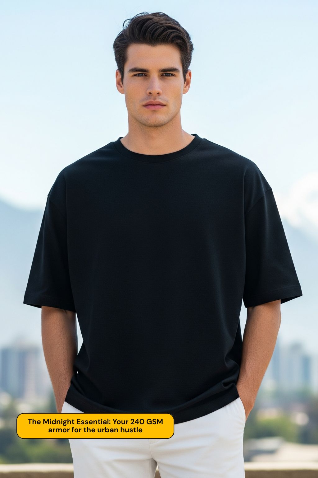 Man wearing a black oversized t-shirt with a scenic background