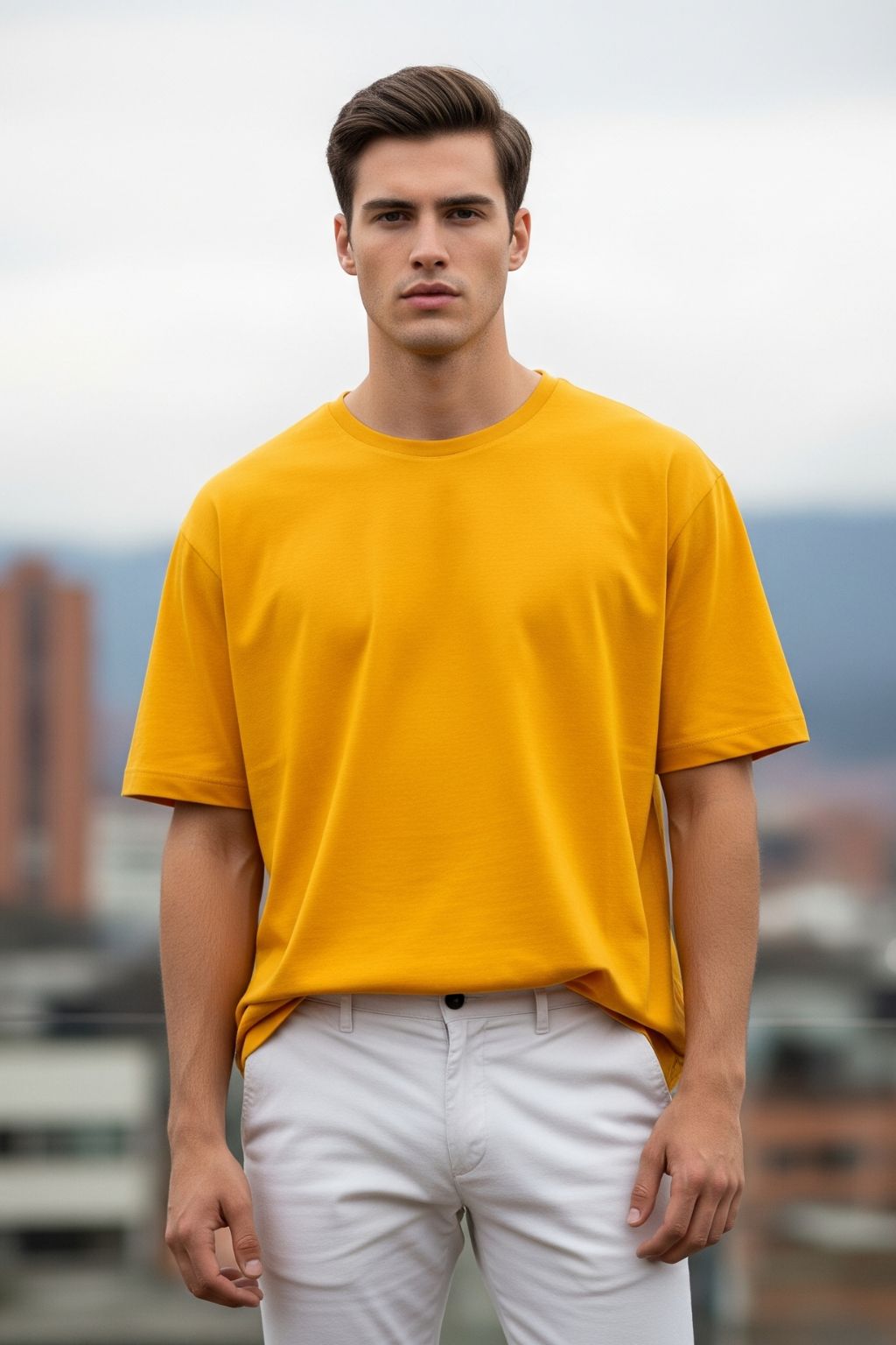 Man wearing a golden yellow oversized t-shirt and white pants standing outdoors with a blurred cityscape background