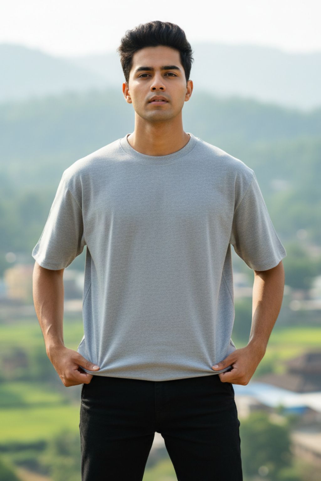 Man wearing a grey melange oversized t-shirt and black pants standing outdoors with greenery in the background