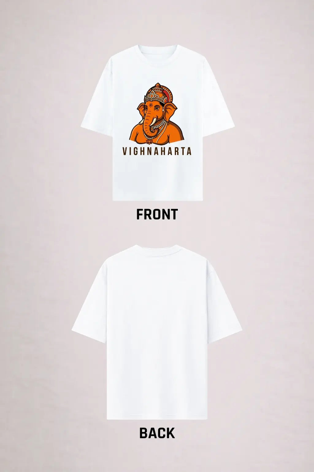 Vighnaharta Ganesha Oversized T-Shirt — Front and Back Flatlay in White