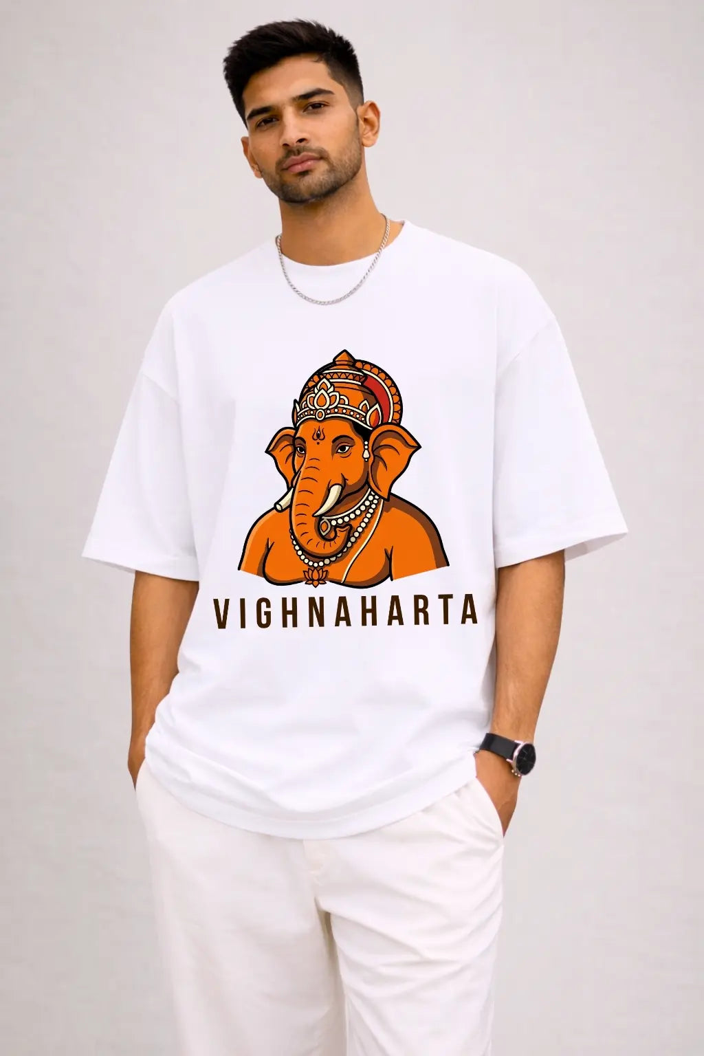 Vighnaharta Ganesha Oversized T-Shirt in White — Men's Front View
