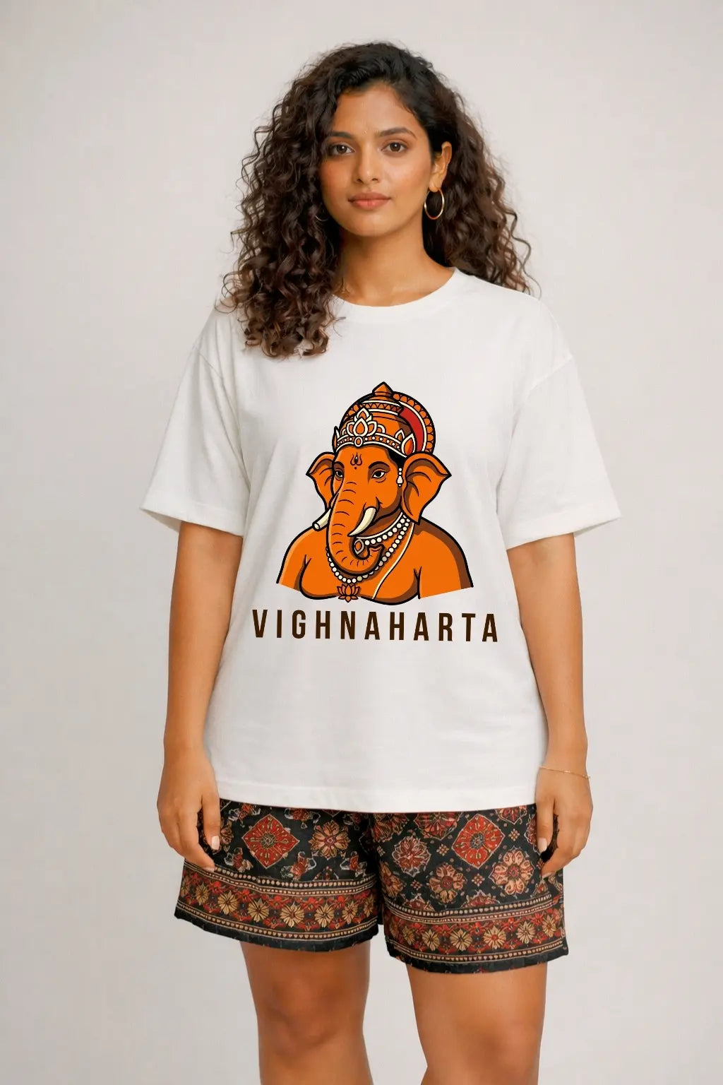 Vighnaharta Ganesha Oversized T-Shirt in White — Women's Front View