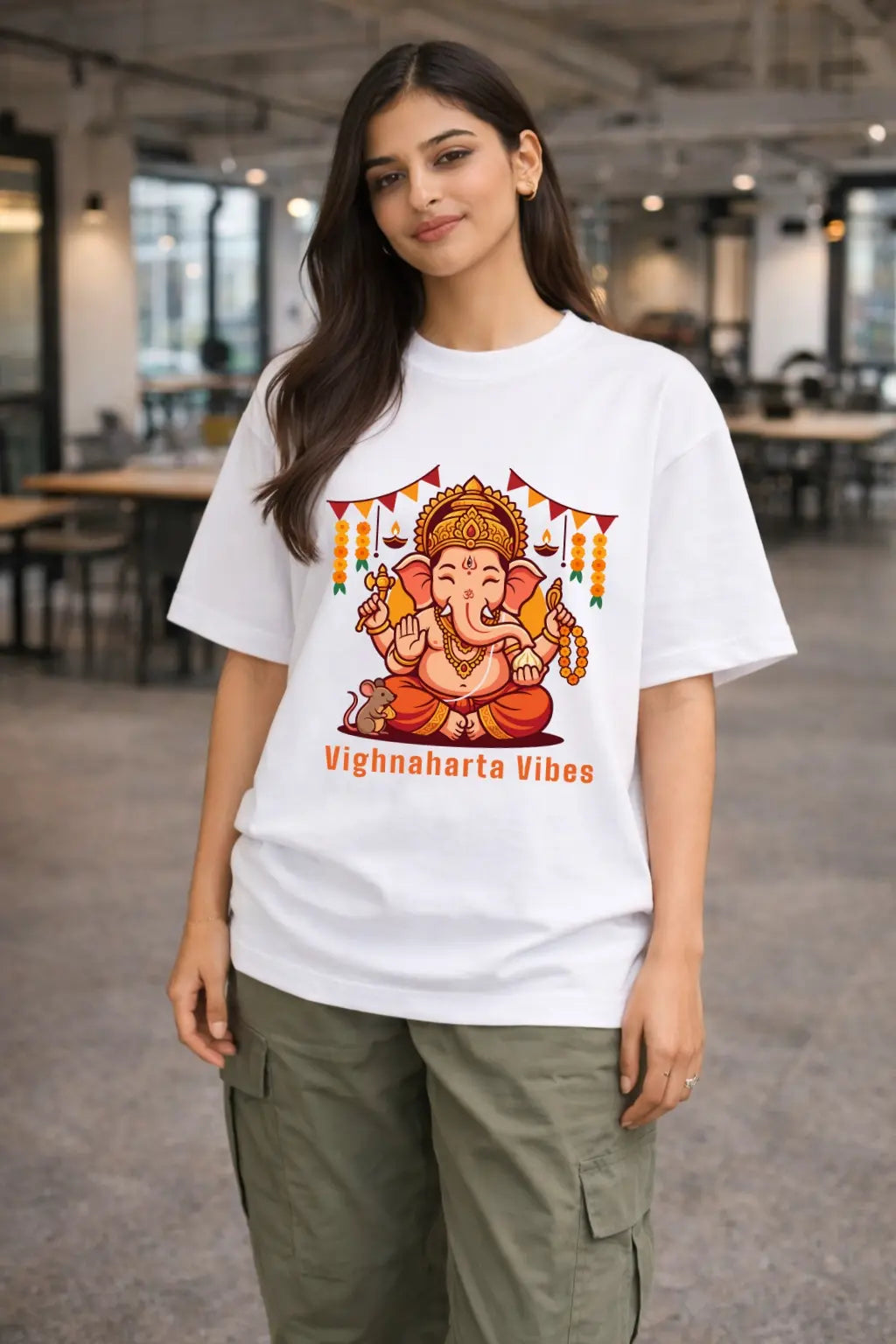 Vighnaharta Vibes Ganesha Oversized Tee — Ganesh Chaturthi Streetwear for Women | JUNOSHI