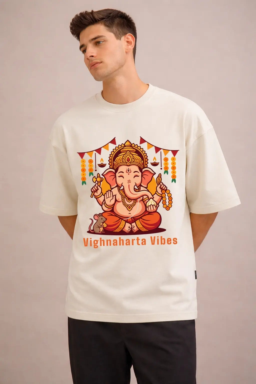 Vighnaharta Vibes Ganesha Oversized Tee — Front and Back Flat Lay | JUNOSHI