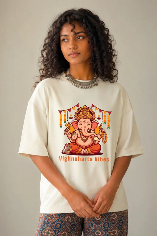 Vighnaharta Vibes Ganesha Oversized Tee — Festive Streetwear for Women | JUNOSHI