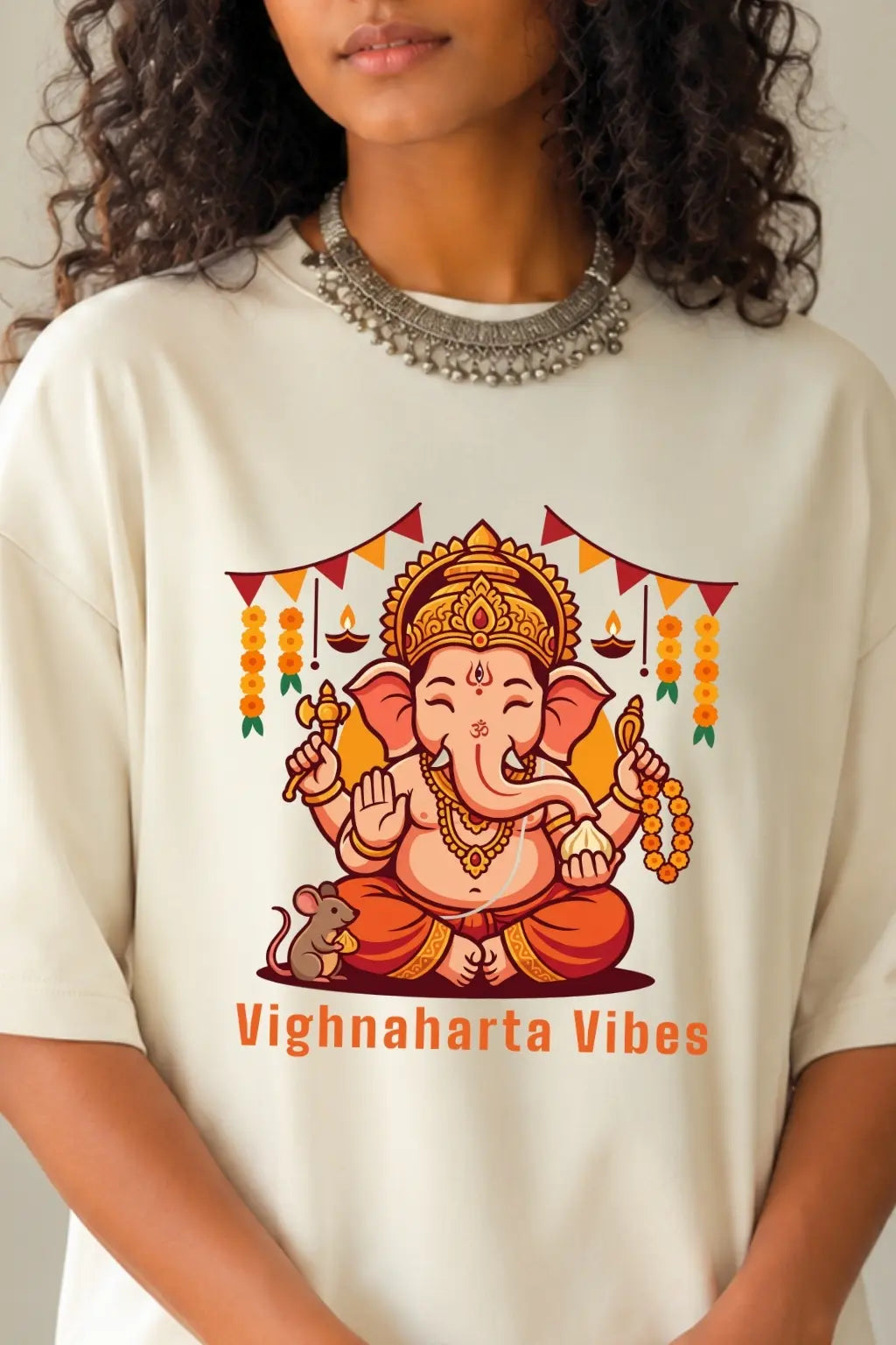 Vighnaharta Vibes Ganesha Oversized Tee — Ganesh Chaturthi Tee for Women | JUNOSHI