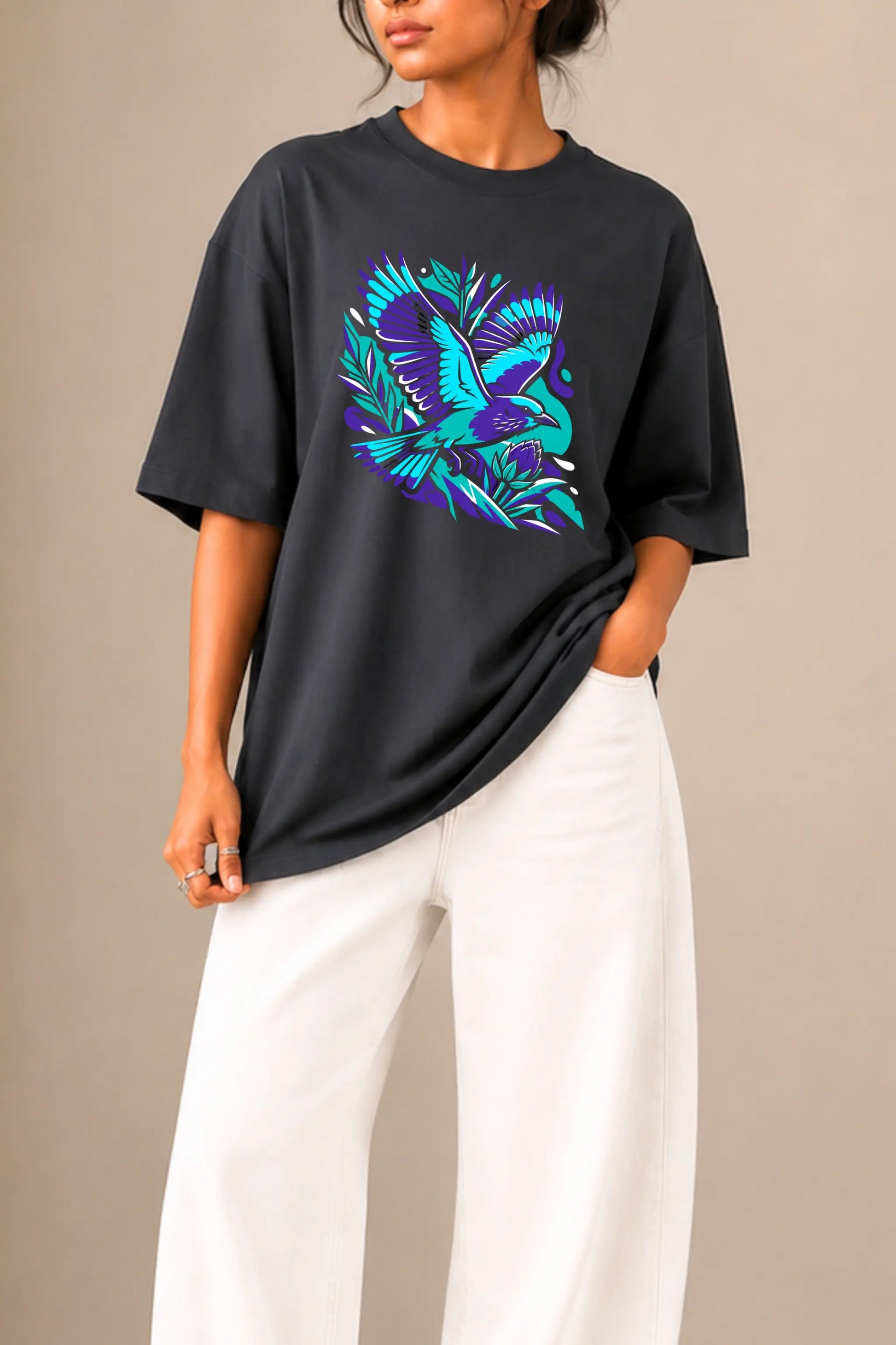 Wild Indigo Blue Teal Bird Aesthetic Graphic Closeup — Oversized Terry Tee, Charcoal | JUNOSHI