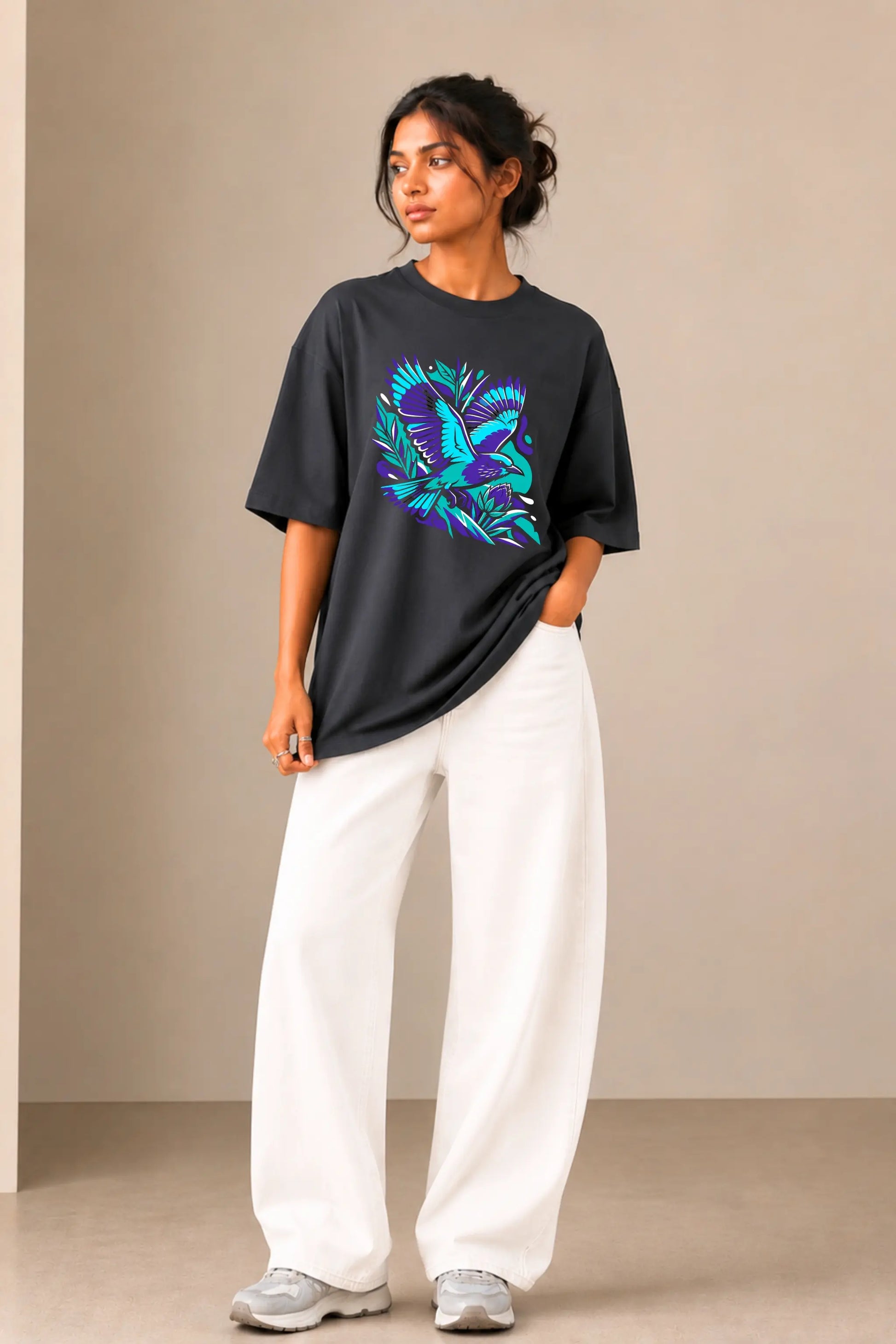 Wild Indigo Blue Teal Bird Aesthetic Oversized Terry Tee — Front View, Charcoal, Women's Fit | JUNOSHI