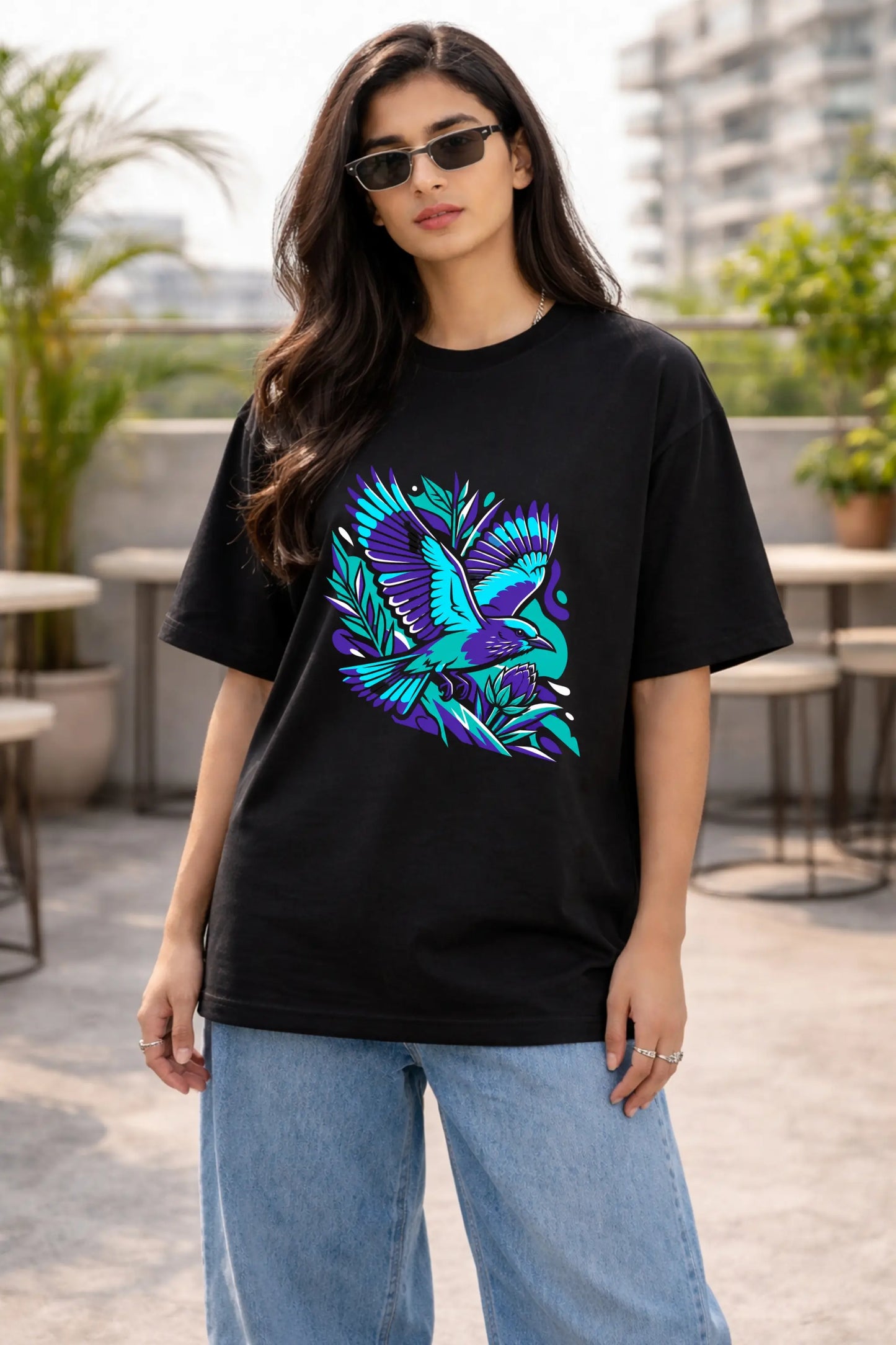 Wild Indigo Oversized Terry Tee — Back View Lifestyle Shot, Black | JUNOSHI