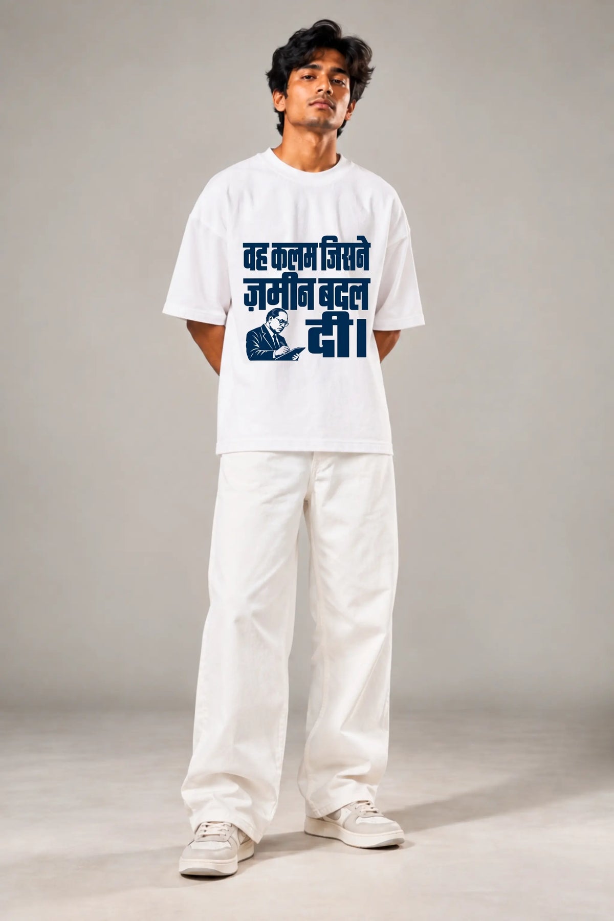 Man wearing white Woh Kalam Jisne Zameen Badal Di Ambedkar oversized terry tee with navy Hindi print, front view | JUNOSHI